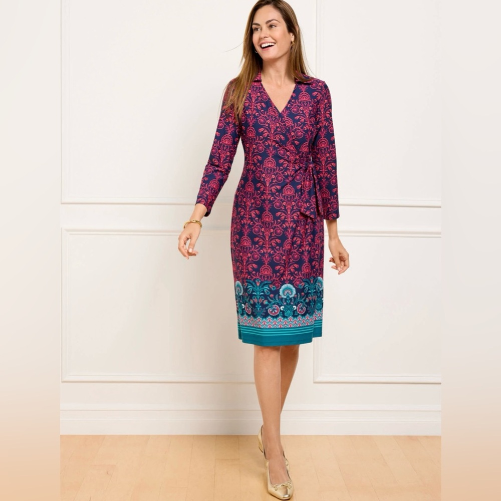 Talbots Effortless Jersey Kelley Dress Damask Border Faux Wrap Paisley Size PM